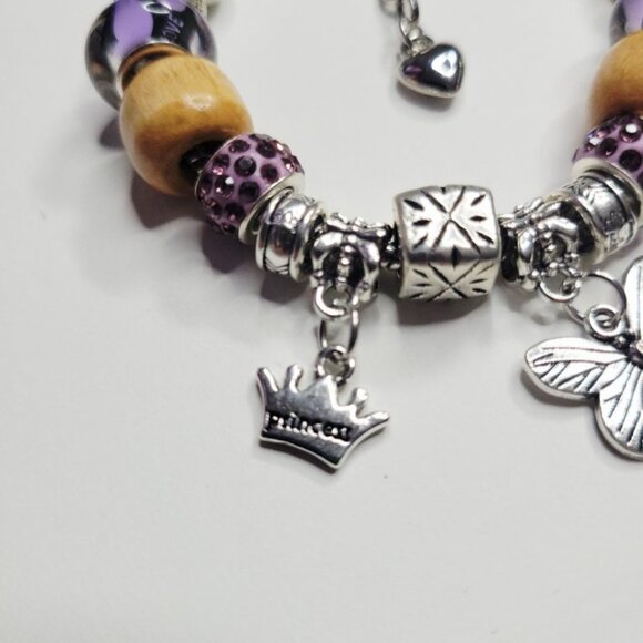 NWT Pandora Style Charm Bracelet Premium Purple Princess Crown Butterfly Sparkle - Picture 6 of 7
